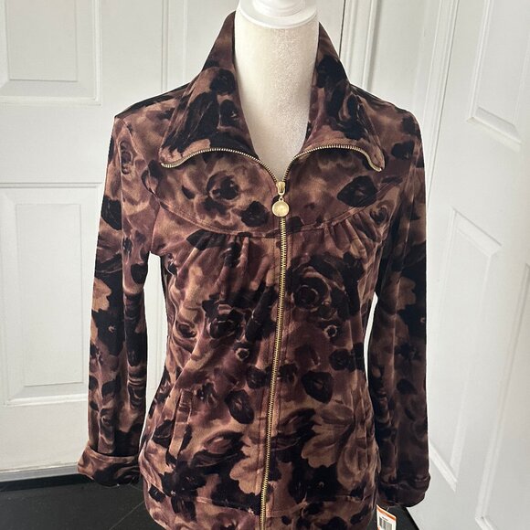 NWT! Style & Co Sport Womens Chocolate Brown Floral Full Zip Velour Jacket Small - Picture 4 of 13